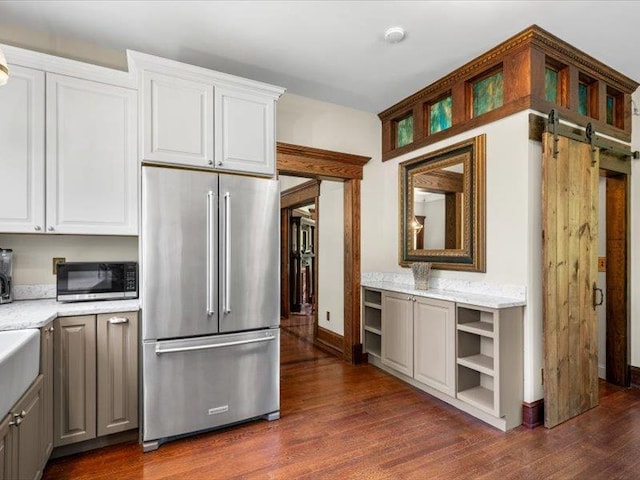 2 Pine Hill Rd, Chester, NY 10918 - kitchen featuring appliances with stainless steel finishes, open shelves, dark wood-type flooring, light countertops, and gray cabinetry