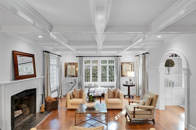 living room featuring beam ceiling, a premium fireplace, and a healthy amount of sunlight