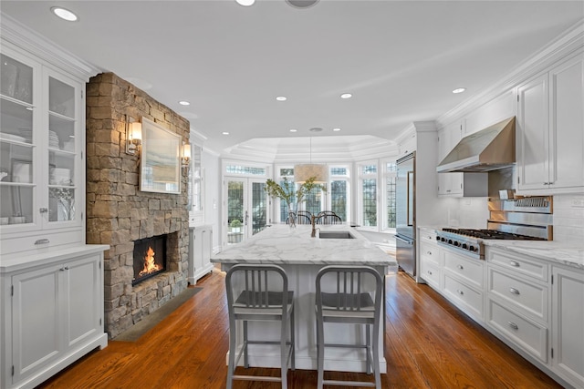 kitchen featuring white cabinetry, light stone countertops, ventilation hood, and a center island with sink