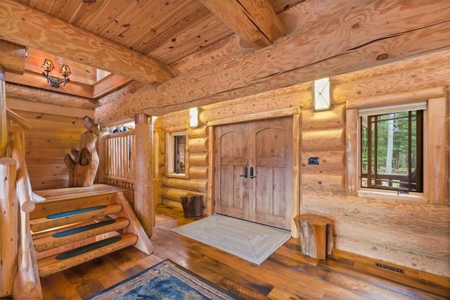 interior space featuring hardwood / wood-style floors, beam ceiling, wooden ceiling, and log walls