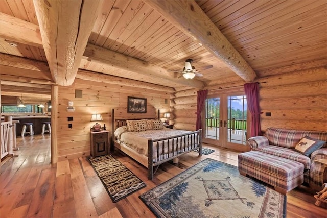 bedroom with french doors, light wood-type flooring, access to outside, beam ceiling, and wooden ceiling