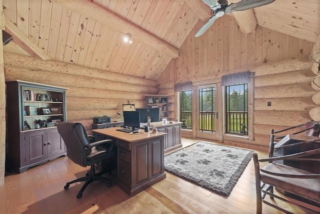 office space with wood ceiling, ceiling fan, high vaulted ceiling, beamed ceiling, and light hardwood / wood-style floors