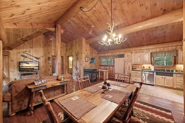 dining area featuring vaulted ceiling with beams, wooden walls, wood ceiling, and hardwood / wood-style flooring