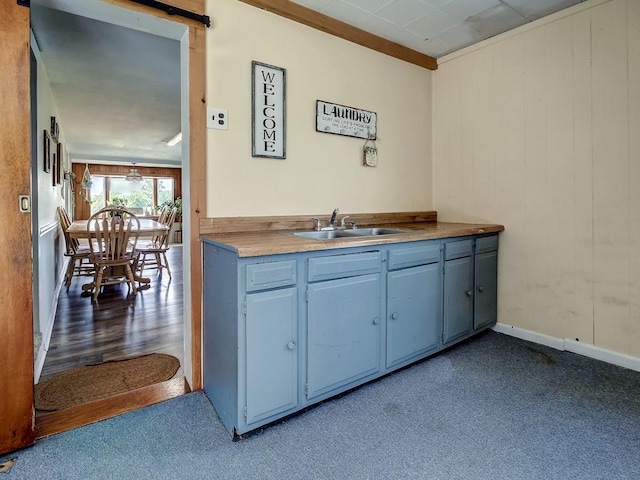 kitchen featuring a barn door, light colored carpet, and sink