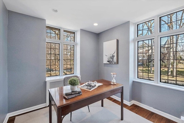 office area with wood finished floors, a wealth of natural light, and baseboards