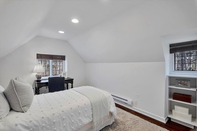 bedroom featuring dark wood-style flooring, lofted ceiling, recessed lighting, baseboard heating, and baseboards