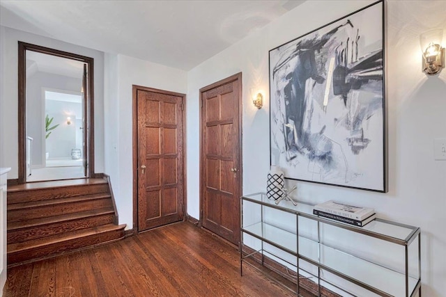 hallway with dark wood-style flooring