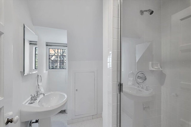 bathroom featuring a sink, tile patterned flooring, and a shower stall