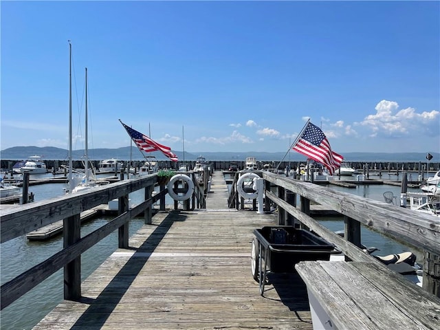 dock area featuring a water and mountain view