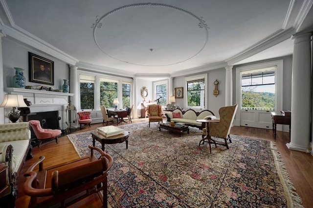 living area featuring wood-type flooring and ornamental molding