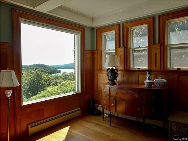 entryway with baseboard heating and light hardwood / wood-style floors