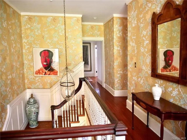 hallway with crown molding and hardwood / wood-style floors