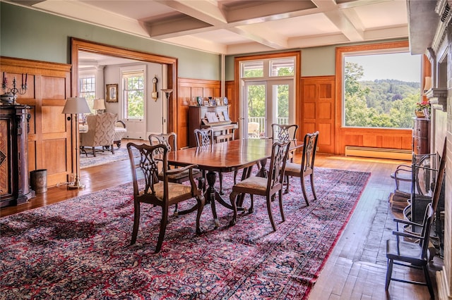 74 Tower Hill Loop, Tuxedo Park, NY 10987 - dining space featuring baseboard heating, coffered ceiling, wood-type flooring, beam ceiling, and healthy amount of natural light