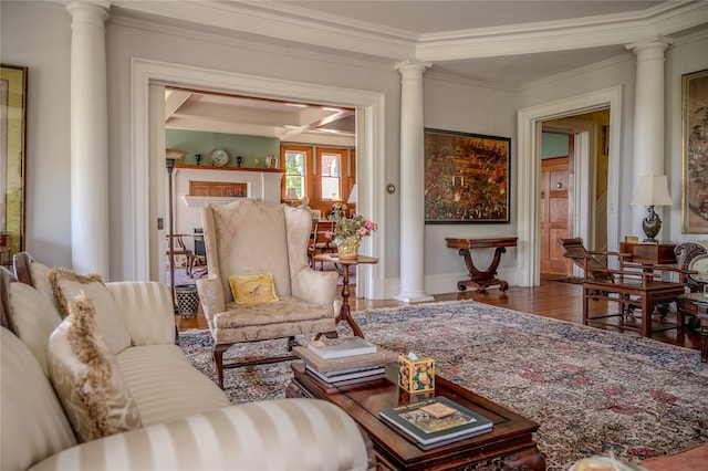 74 Tower Hill Loop, Tuxedo Park, NY 10987 - living area featuring ornate columns, ornamental molding, and wood finished floors