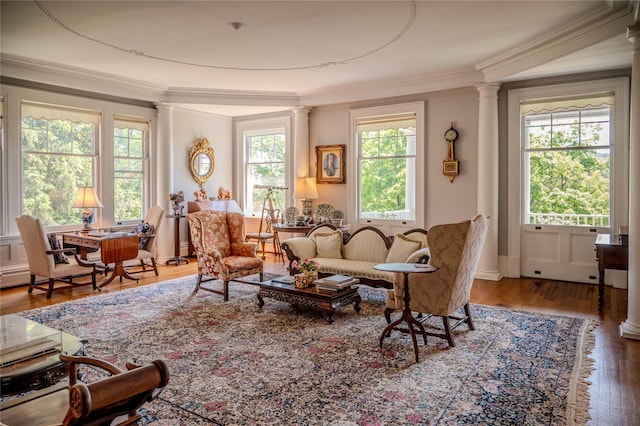 74 Tower Hill Loop, Tuxedo Park, NY 10987 - living area with ornate columns, plenty of natural light, ornamental molding, and wood finished floors