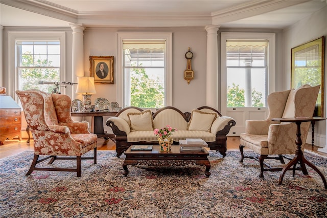 74 Tower Hill Loop, Tuxedo Park, NY 10987 - living area featuring decorative columns, wood finished floors, and crown molding