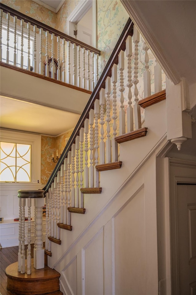 74 Tower Hill Loop, Tuxedo Park, NY 10987 - stairs featuring wallpapered walls, a high ceiling, and wood finished floors