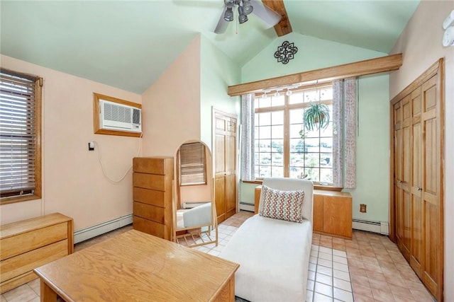 bedroom with ceiling fan, lofted ceiling with beams, a wall mounted AC, and a baseboard radiator