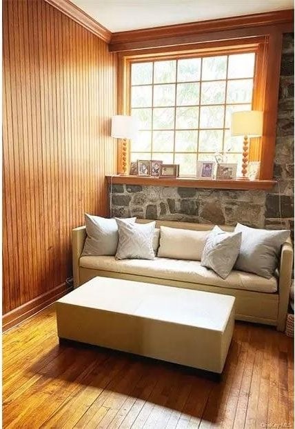 living area featuring wood walls and light wood-type flooring