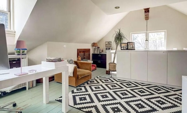 interior space with light hardwood / wood-style floors and lofted ceiling