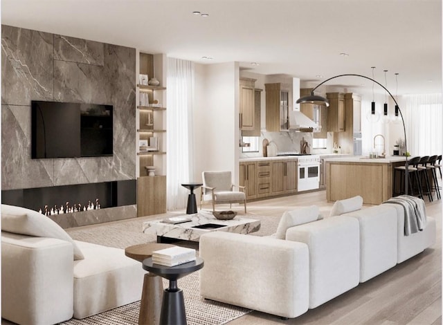 living room with sink and light wood-type flooring