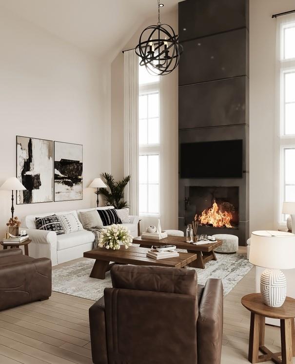 living room with hardwood / wood-style floors, vaulted ceiling, and a notable chandelier