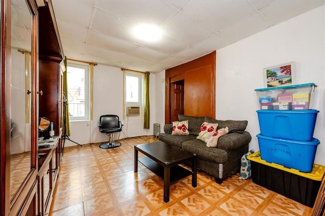 living room featuring radiator heating unit