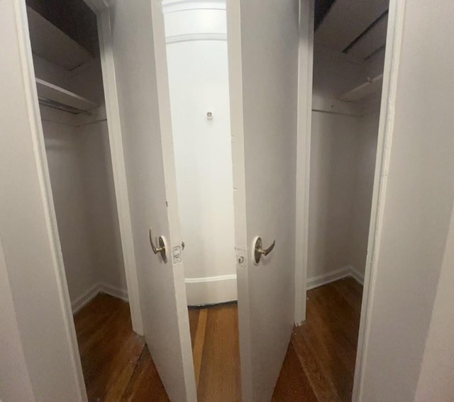 walk in closet featuring dark wood-type flooring