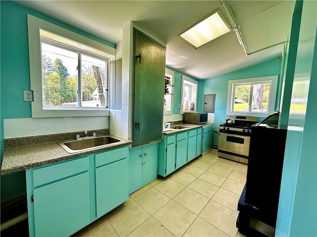 kitchen with plenty of natural light, sink, lofted ceiling, and appliances with stainless steel finishes