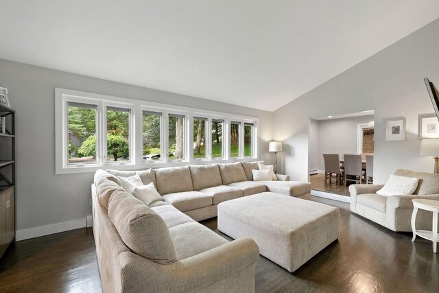 living room with high vaulted ceiling, dark wood-type flooring, and a baseboard heating unit