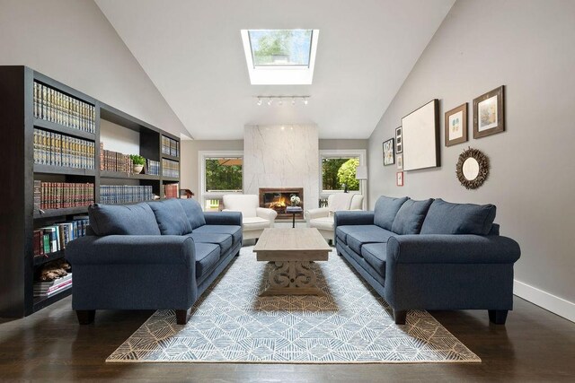 living room with hardwood / wood-style flooring, high vaulted ceiling, a high end fireplace, and a skylight