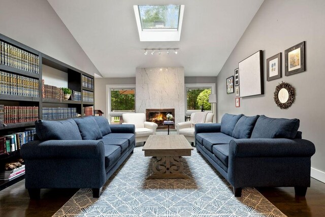 living room featuring a premium fireplace, lofted ceiling with skylight, and wood-type flooring