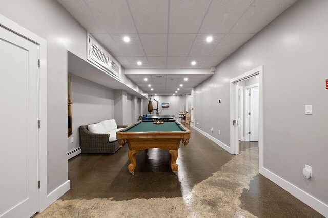 game room with a drop ceiling, a baseboard radiator, and billiards