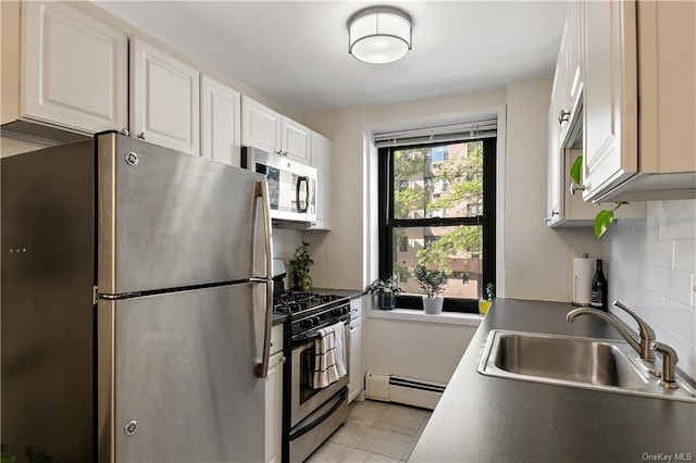 kitchen featuring sink, white cabinets, a baseboard radiator, and appliances with stainless steel finishes