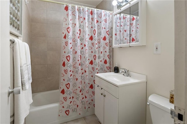 full bathroom featuring tile patterned flooring, vanity, shower / bath combination with curtain, and toilet