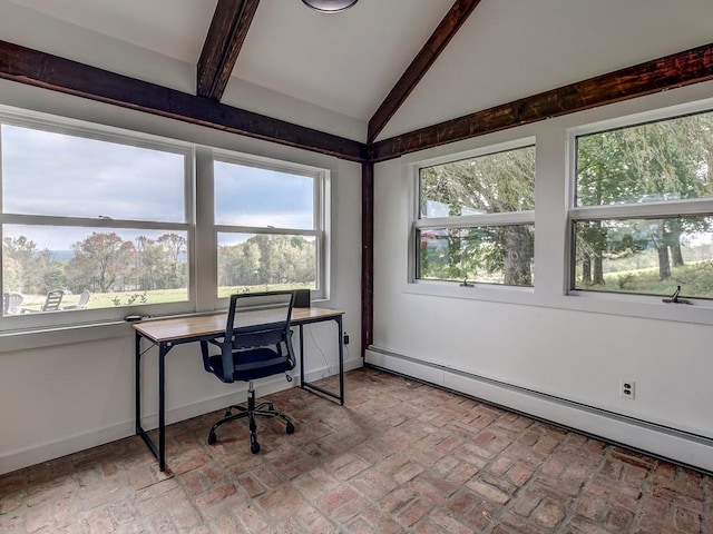 office space with vaulted ceiling with beams and baseboard heating