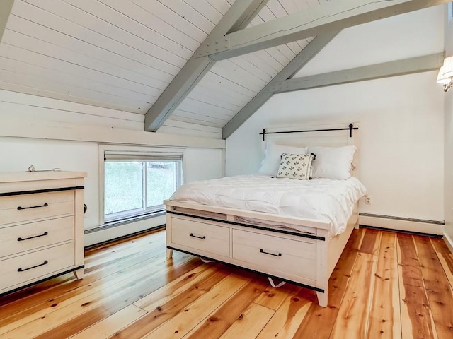 bedroom with lofted ceiling with beams, a baseboard radiator, and light hardwood / wood-style flooring