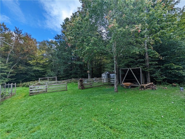 view of yard featuring a storage shed