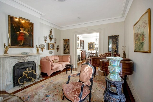 4 Deer Run, Sparkill, NY 10976 - living area featuring wood finished floors, ornamental molding, and a fireplace with flush hearth
