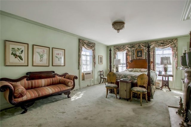 carpeted bedroom featuring cooling unit and crown molding