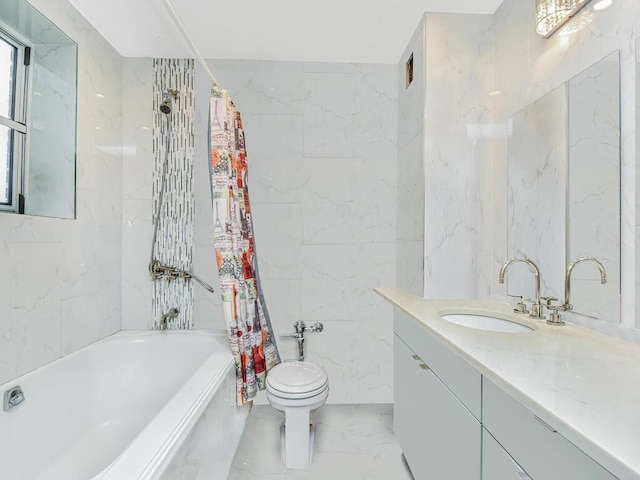 6535 Broadway Unit 2E, Bronx, NY 10471 - bathroom featuring marble tiled flooring, vanity, tile walls, toilet, and shower / bath combination with curtain