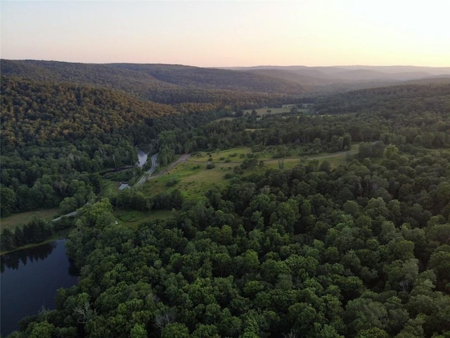 aerial view at dusk with a water and mountain view