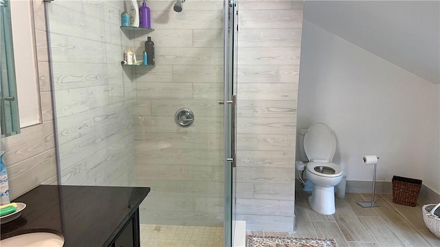 bathroom featuring a shower with door, vanity, and toilet