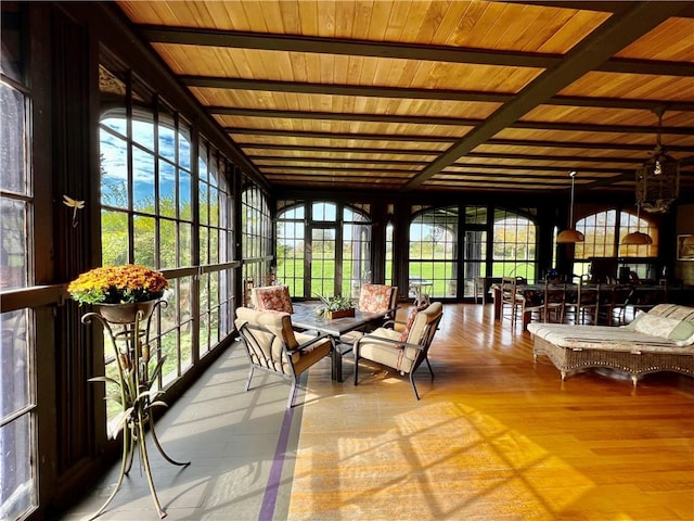 sunroom featuring wood ceiling, beamed ceiling, and a healthy amount of sunlight