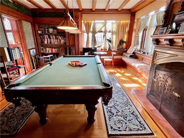 rec room with plenty of natural light, wood-type flooring, and pool table