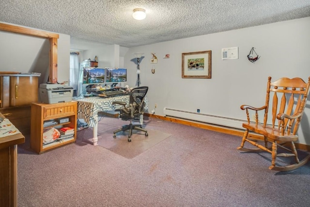 carpeted home office with a textured ceiling and a baseboard radiator