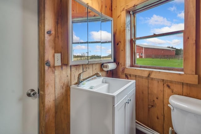 laundry room with wood walls, sink, and a healthy amount of sunlight