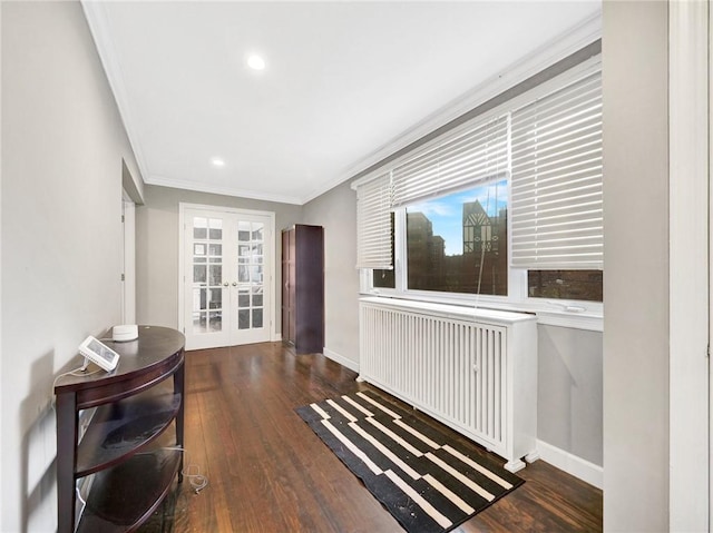 interior space featuring dark hardwood / wood-style flooring, crown molding, french doors, and radiator