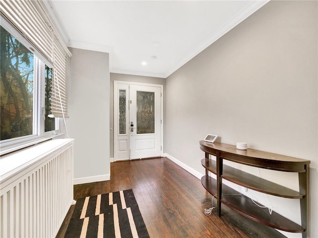 entrance foyer with dark hardwood / wood-style floors, radiator, and ornamental molding