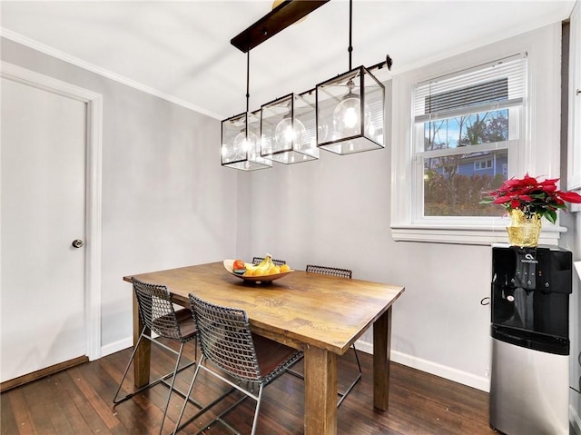 10 Columbia Ave, Hartsdale, NY 10530 - dining area featuring baseboards, dark wood-style flooring, ornamental molding, and a chandelier